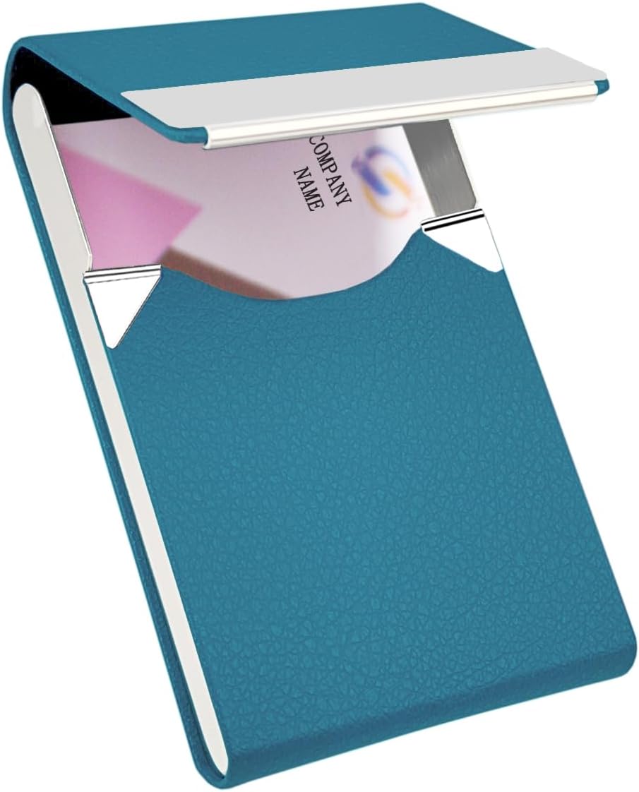 Business Card Holder Leather&Metal Business Card Case,Lake Blue