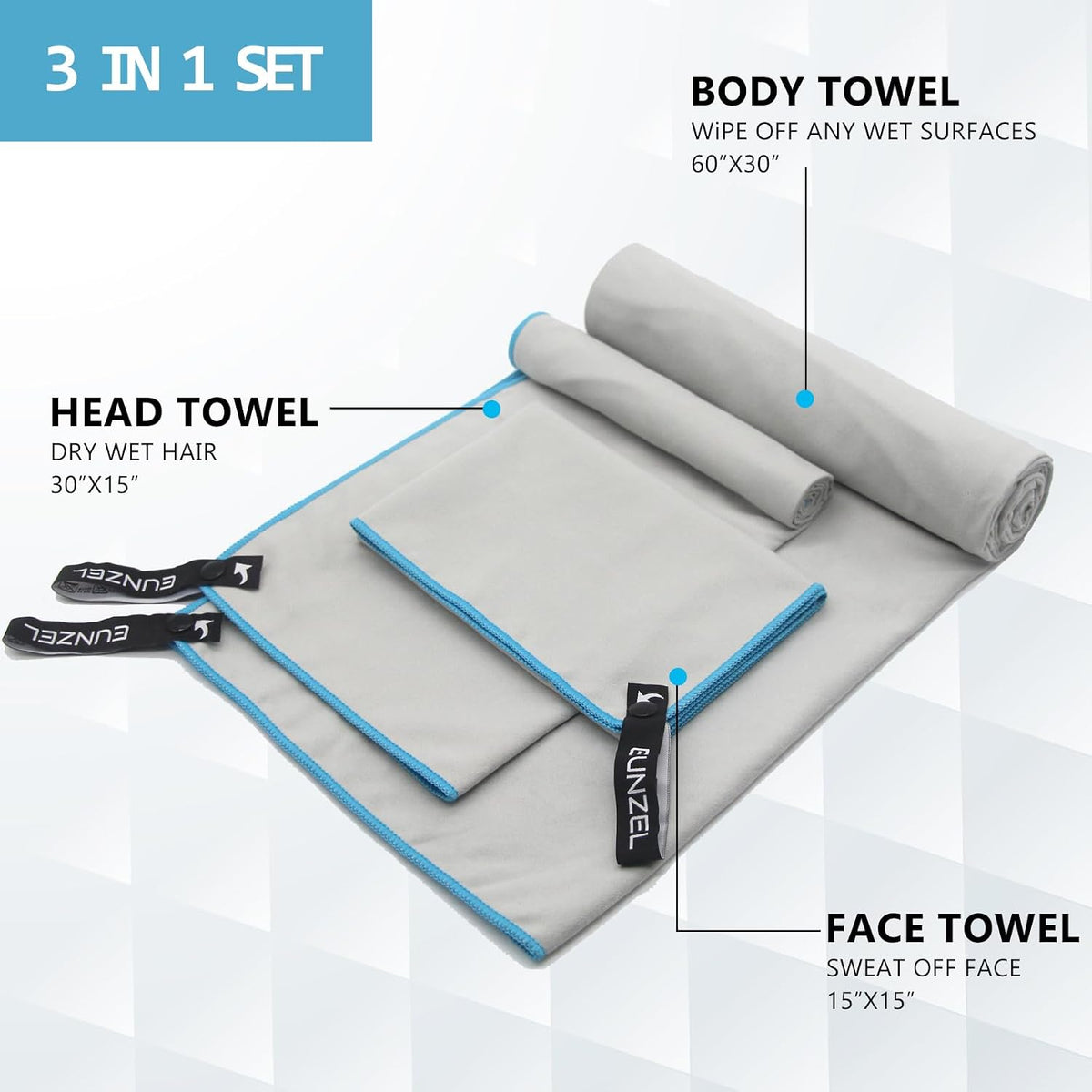 Eunzel Quick Dry Camping Towel Light Grey &Blue (Bundle)
