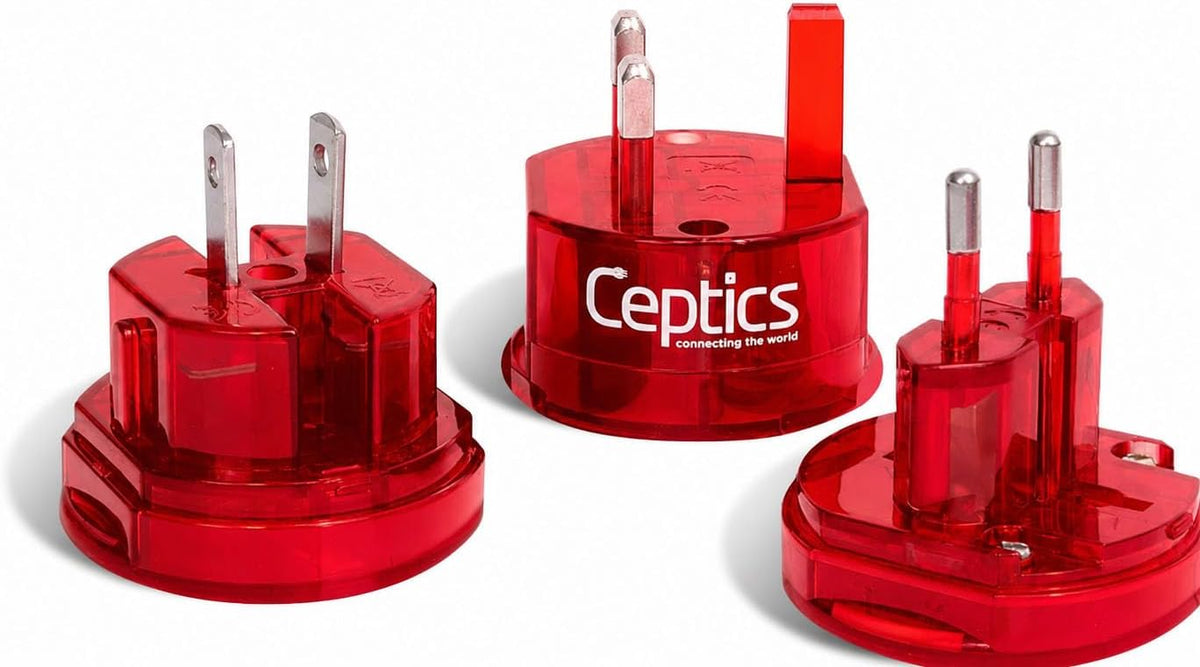 Ceptics International Power Adapter, Type A, C, G & I Plugs, Compact, Red