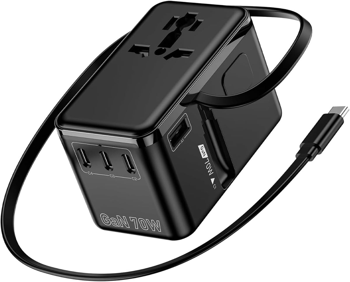 JMFONE 70W GaN Universal Travel Adapter with USB-C Cable for 200+ Countries