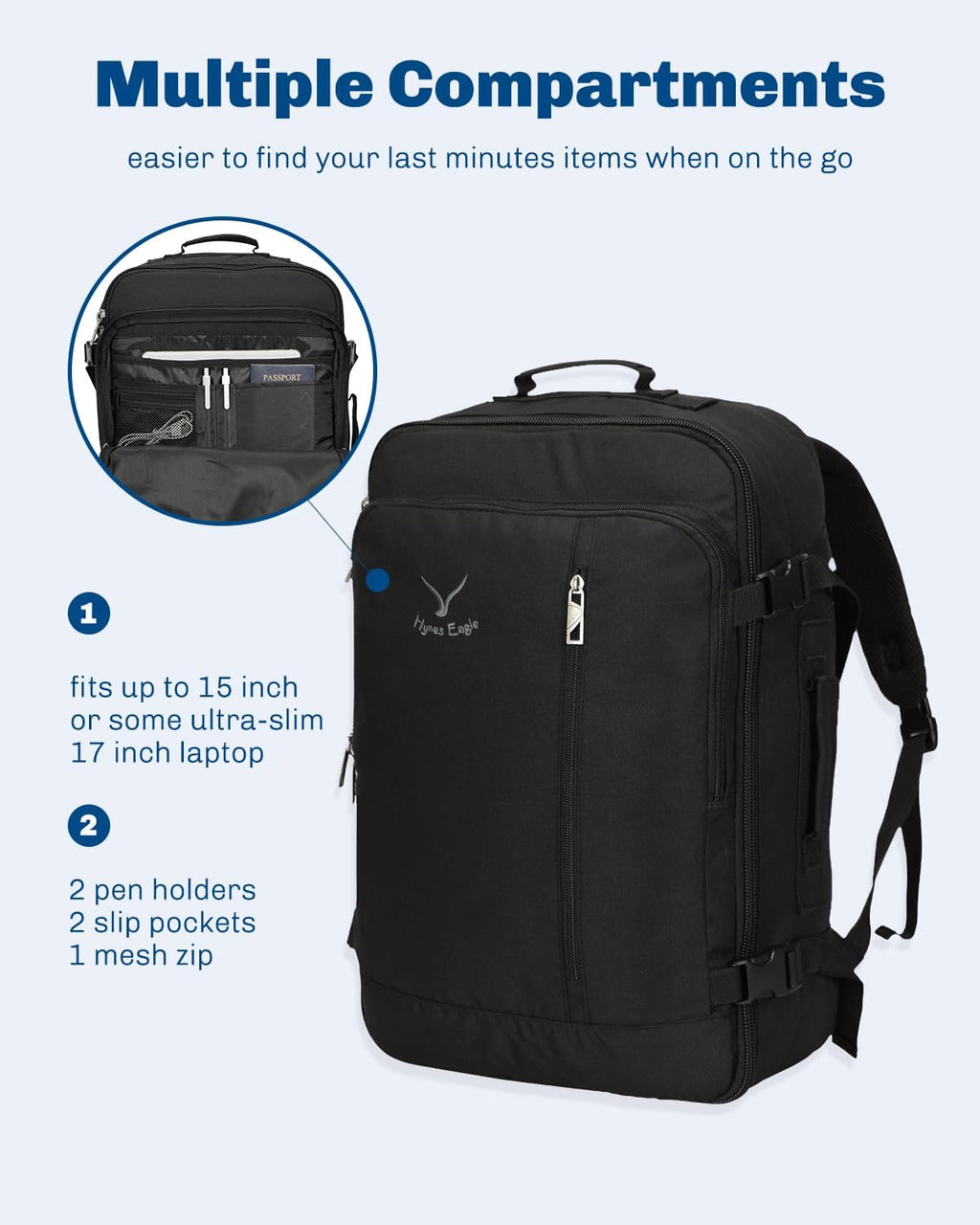 Hynes Eagle 38L Flight Approved Backpack Carry On Travel Bag for Men Women