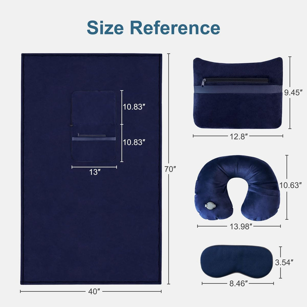 KAWAHOME Travel Blanket Airplane Compact Set with Neck Pillow, Eye Mask