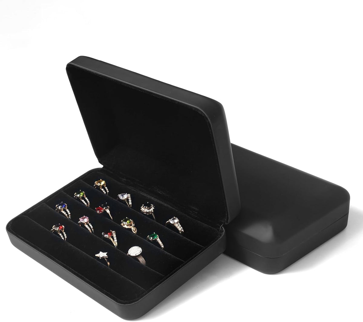 Jewelry Ring organizer Box, Portable Small Storage Display Case, Fashion Jewelry Tray Holder Showcase, Ring Boxes for Multiple Rings Fits for Travel or Home Organizers (Black Big)