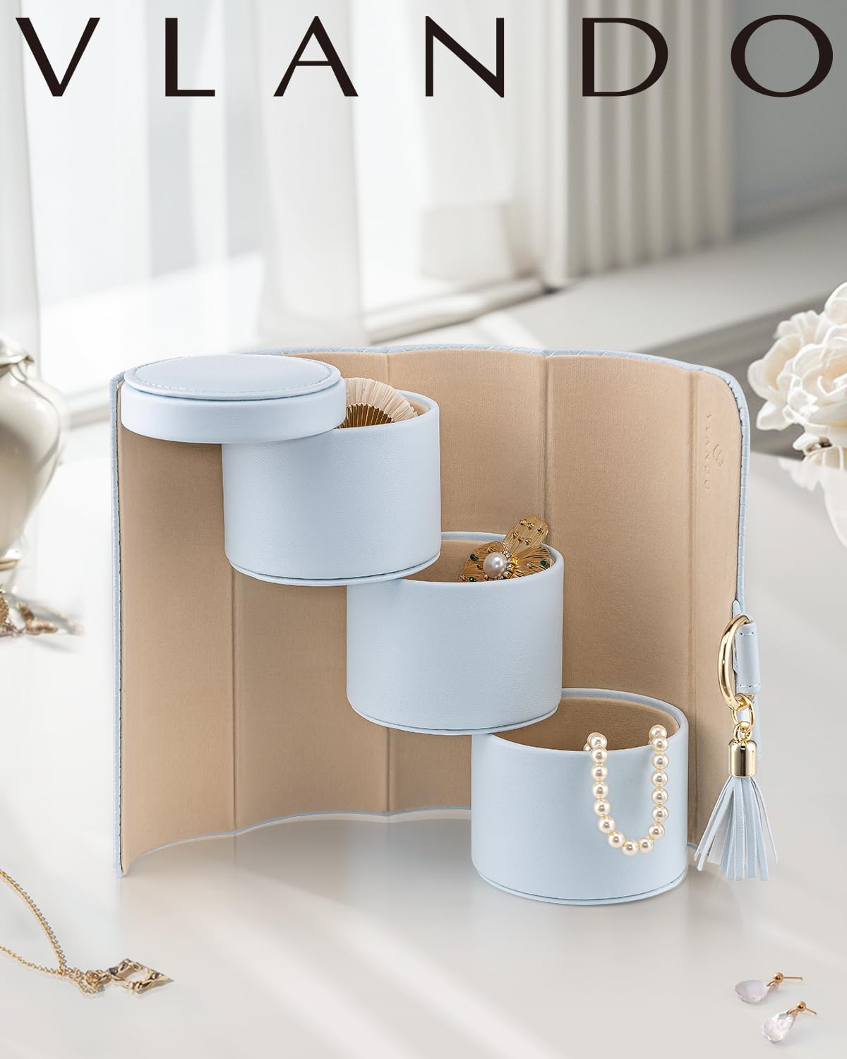 VLANDO Travel Jewelry Organizer, 3 Tier Roll Up Design, Hard Shell Storage