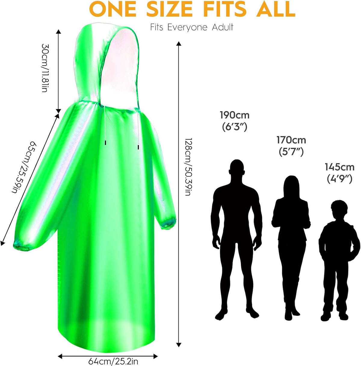 Bruvoalon 6, 20 & 50 Pack Disposable Rain Ponchos for Adults, Waterproof PE with Drawstring Hood and Elastic Cuffs