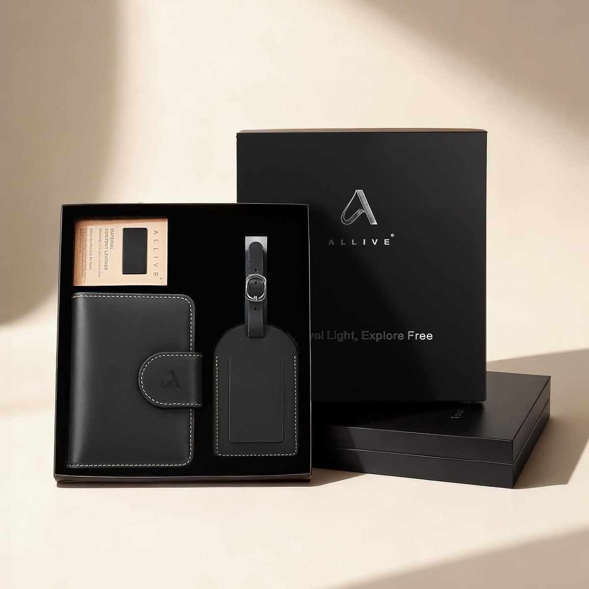 ALLIVE Passport Holder with Luggage Tag, Genuine Leather Passport Holder with AirTag Hidden Pocket, RFID Blocking Travel Wallet for Women & Men, Premium Gift Box, Ready to Gift – Gift Set (Black)