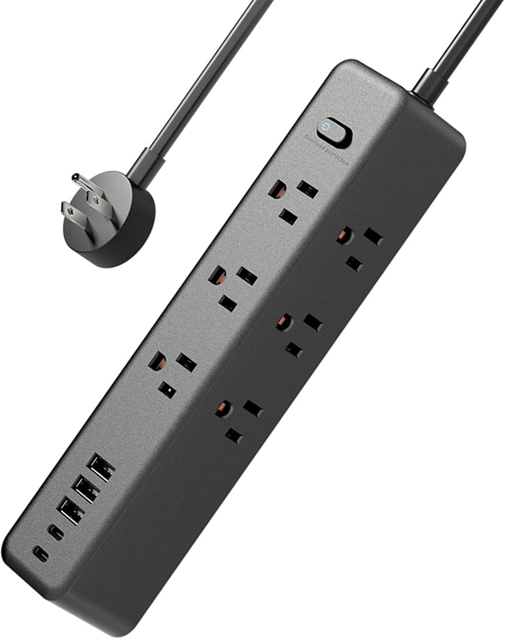 Surge Protector Power Strip，5ft 9 Widely Spaced Outlets, 3 USB A & 2 USB C Ports, Flat Plug Long Extension Cord for Travel Home Office Entertainment, Black