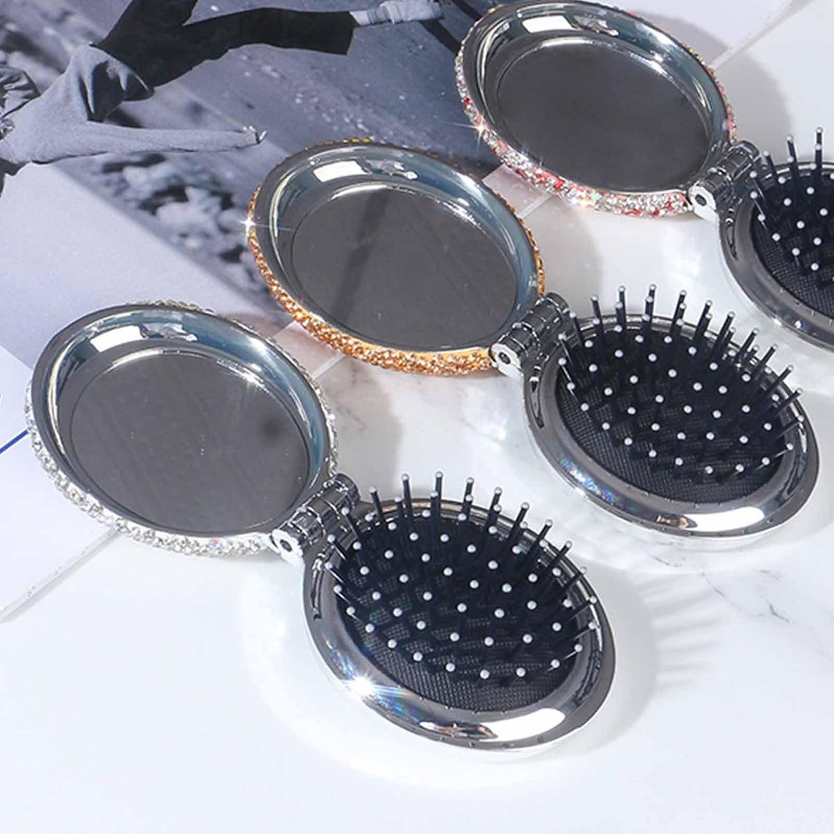 1 Pack Rhinestone Pocket Hair Brush with Mirror Bling Travel Folding Combs Sparkle Portable Collapsible Compact Comb for Women Wedding Party Silver White (No Chain-WIth-Round)
