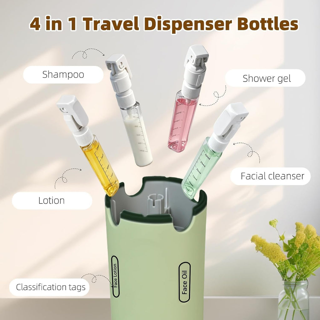 4 in 1 Travel Dispenser Bottle, Leakproof Travel Size Toiletries Holder, Refillable Portable Containers for Shampoo Lotion Conditioner Cream Transparent with Label (Green)