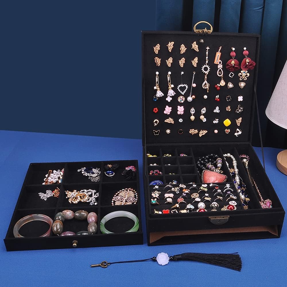 Women Jewelry Box Lockable 3 Layers Large Jewelry Organizer Storage Case for Earrings Necklaces Rings Bracelets,Green Display Jewel Holder (Black)