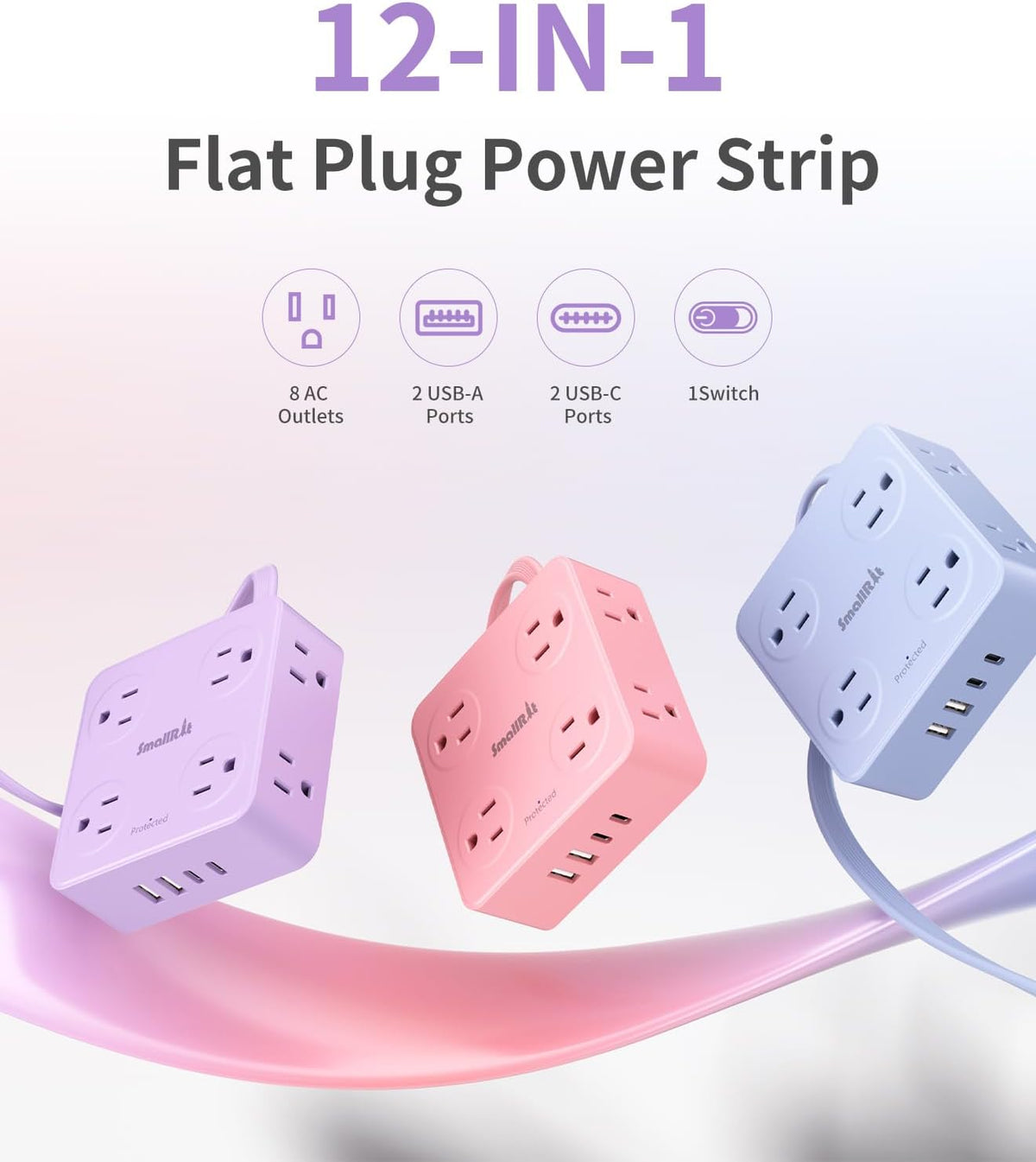 Extension Cord with Multiple Outlets, SMALLRT 10FT Flat Plug Power Strip, Power Strips with USB Ports, 8 Outlets, Outlets Extender for Home Office, Purple