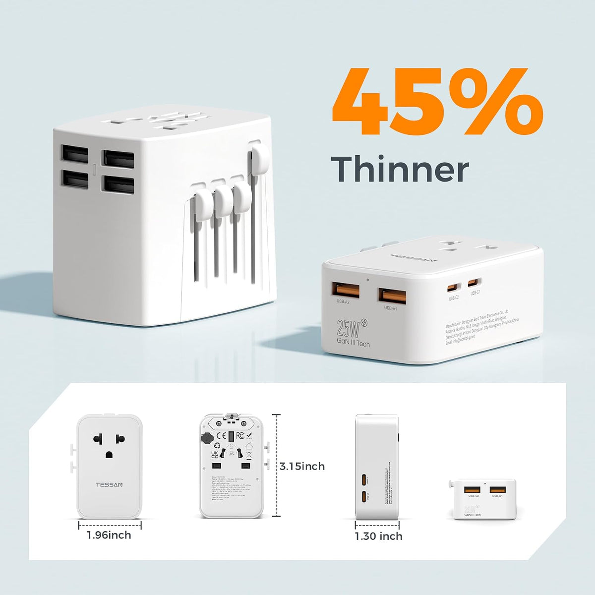 TESSAN Universal Travel Adapter PD 25W, White