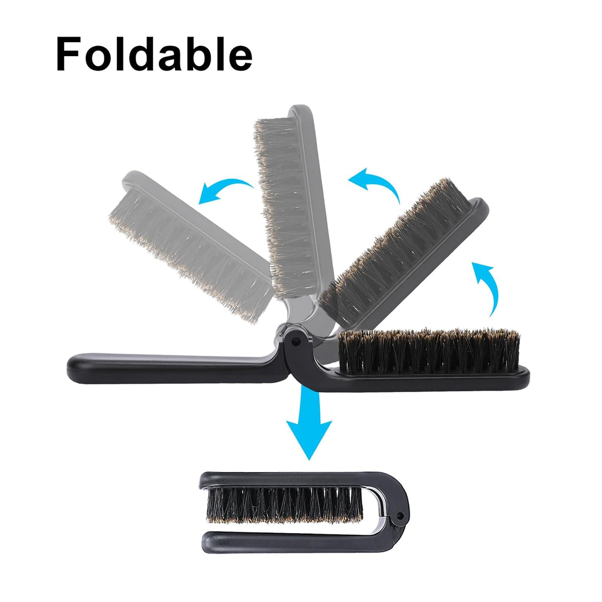 2 Pcs Travel Folding Boar Bristles Hair Brush, Collapsable Pocket Anti-Static Range Mini Beard and Hair Styling Tool for Women and Men (Black)