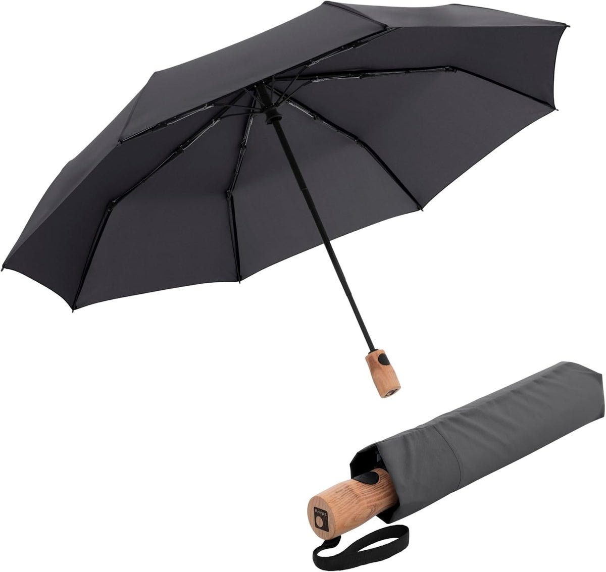 Knirps TIMBER Automatic Umbrella - Auto Open Close Duomatic Folding Rain Protection with German Beechwood Handle, Wind Tunnel Tested Frame, Compact Travel Design