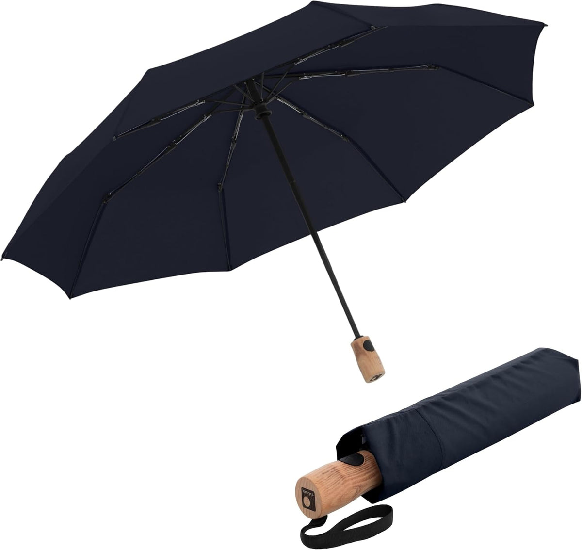 Knirps TIMBER Automatic Umbrella - Auto Open Close Duomatic Folding Rain Protection with German Beechwood Handle, Wind Tunnel Tested Frame, Compact Travel Design