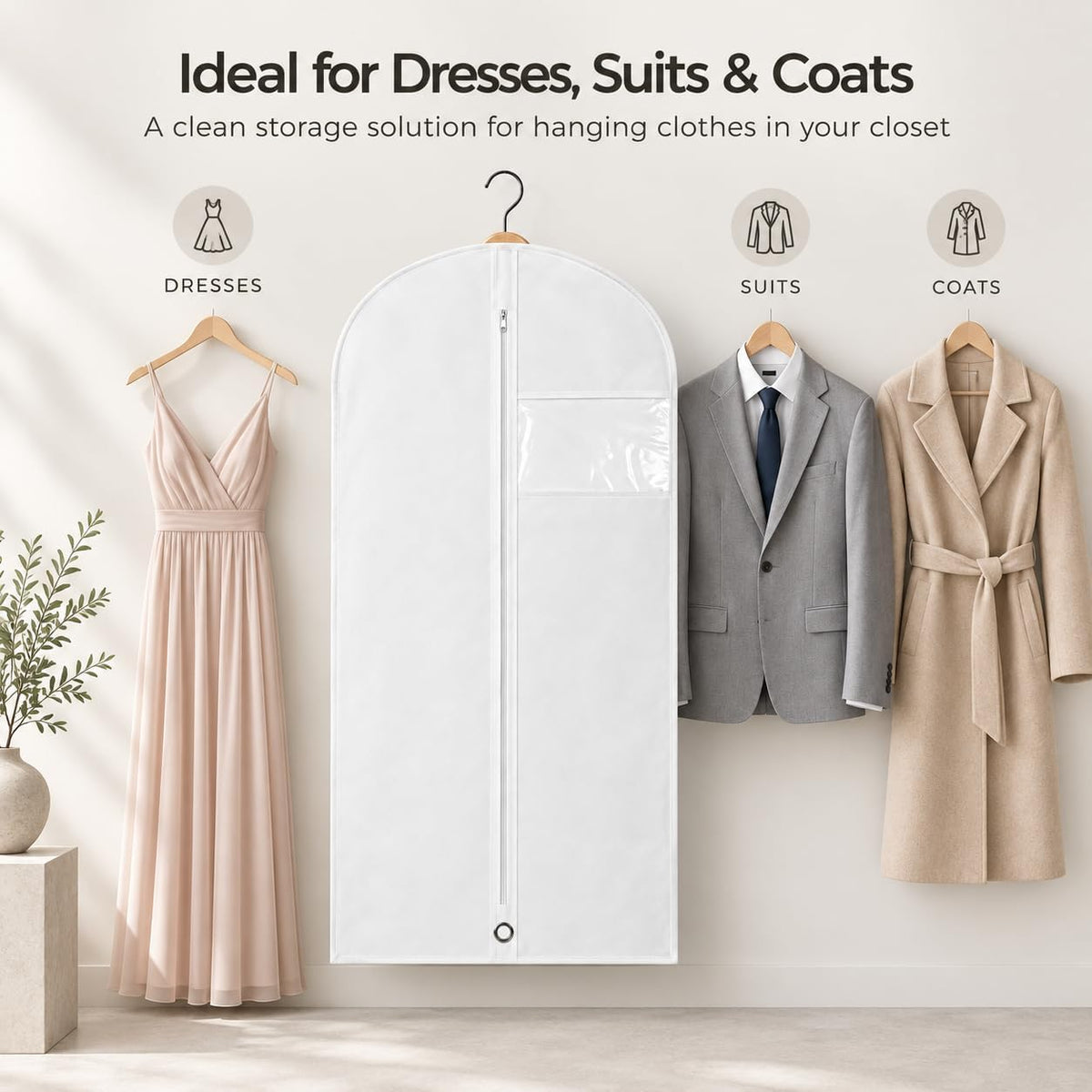 LPack 60" Garment Bag for Hanging Clothes, Dresses, Suits & Coats, Breathable Garment Cover for Closet Storage, White, 1 Pack
