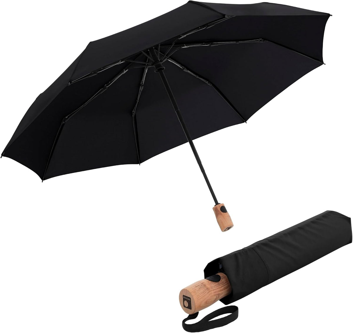 Knirps TIMBER Automatic Umbrella - Auto Open Close Duomatic Folding Rain Protection with German Beechwood Handle, Wind Tunnel Tested Frame, Compact Travel Design
