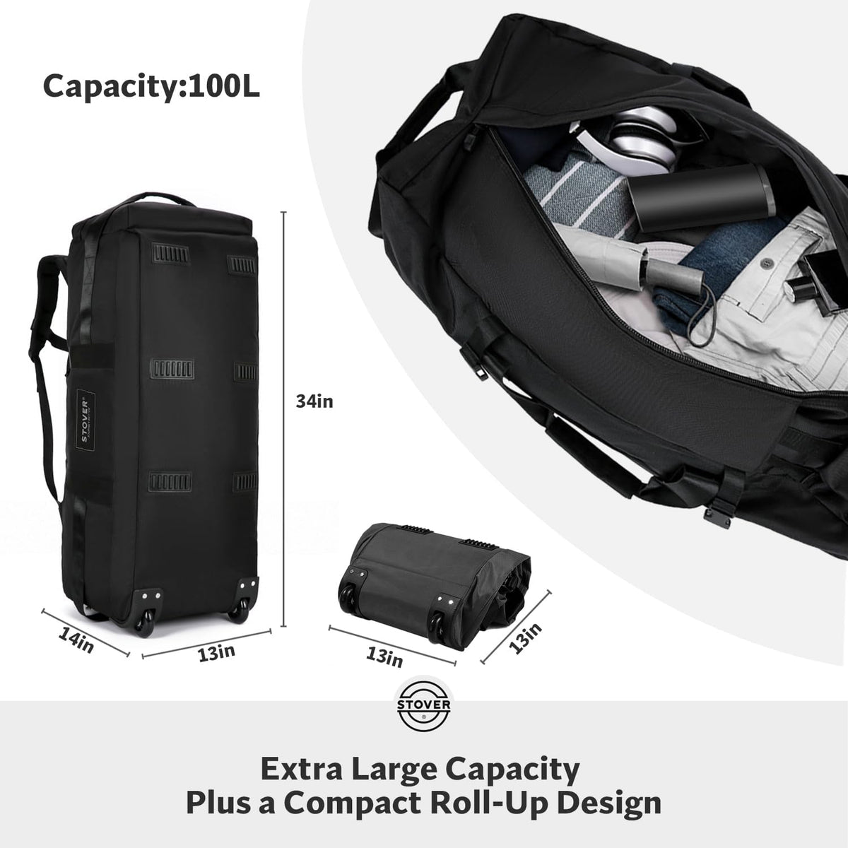 STOVER 45/80/100/120L Rolling Duffel Bag with Wheels, X-Large Durable Travel Duffle + Toiletry Bag, Heavy Duty, Packable with Shoulder Straps- Use as Luggage or Backpack, Men/Women (Black)