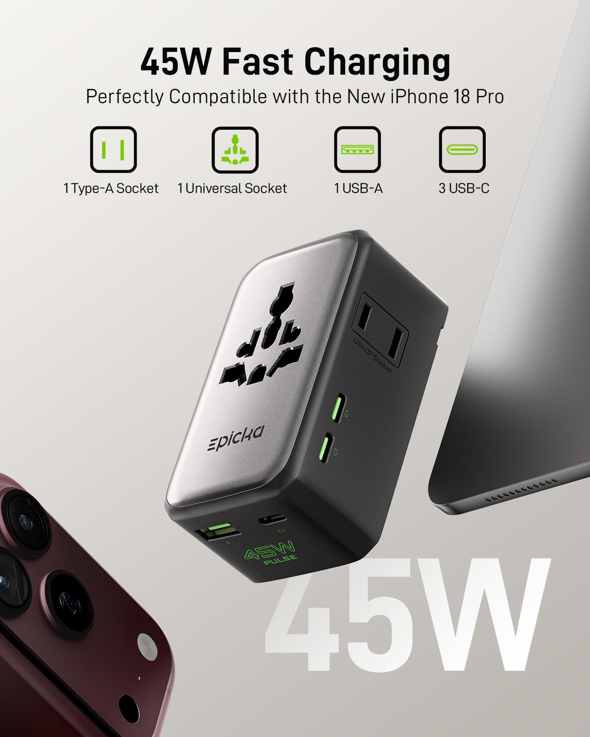 EPICKA Pulse Air 45W Universal Travel Adapter PD with 2AC/3USB-C/1USB-A
