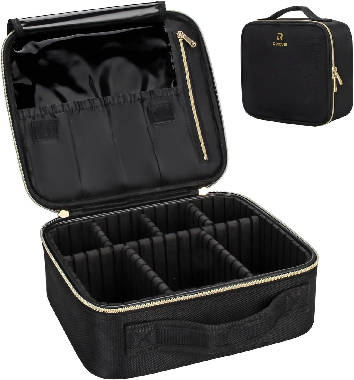 Relavel Travel Makeup Train Case Makeup Cosmetic Case Organizer Portable Artist Storage Bag with Adjustable Dividers for Cosmetics Makeup Brushes Toiletry, Black with Gold Zipper