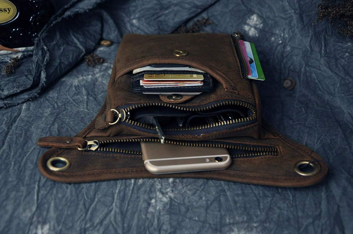 Le'aokuu Mens Genuine Leather Outdoor Sporting Hicking Waist Hip Pack Messenger Shoulder Drop Leg Thigh Bag Pouches For Women (211-5 0 Dark Brown)