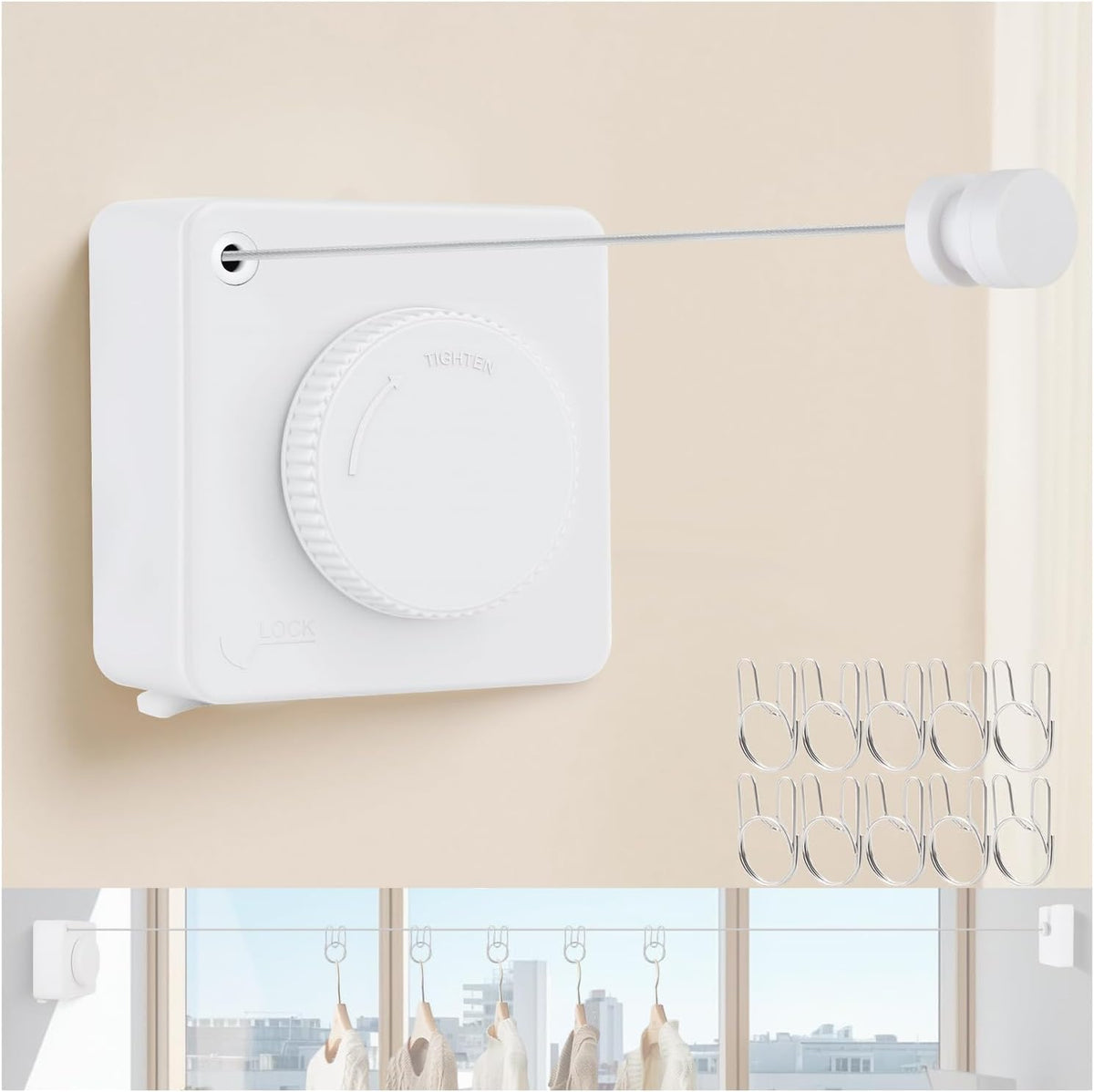 15.7Ft Retractable Clothesline Indoor Outdoor is Also an Anti-sag Clothes line for Indoors, Stainless Steel Wire Retractable Laundry Line for Drying Clothes, with 10 Windproof Clips (White)