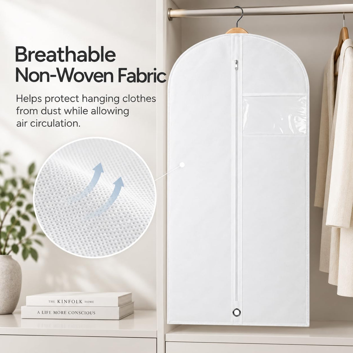 LPack 60" Garment Bag for Hanging Clothes, Dresses, Suits & Coats, Breathable Garment Cover for Closet Storage, White, 1 Pack