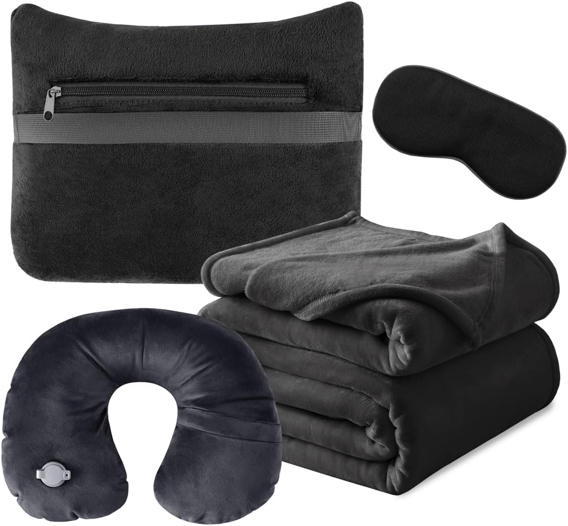 KAWAHOME Travel Blanket Airplane Compact Set with Neck Pillow, Eye Mask