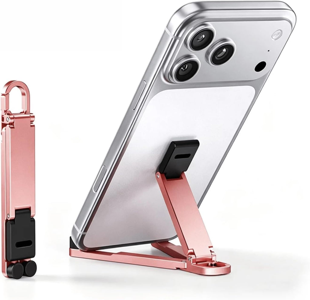 Aluminum Alloy Mini Desktop Cell Phone Holder,Foldable Keychain Phone Holder Portable Hands-Free Travel Phone Holder, Adjustable Angle Vertical and Horizontal,For All Phones,Offices,Travel (Pink)