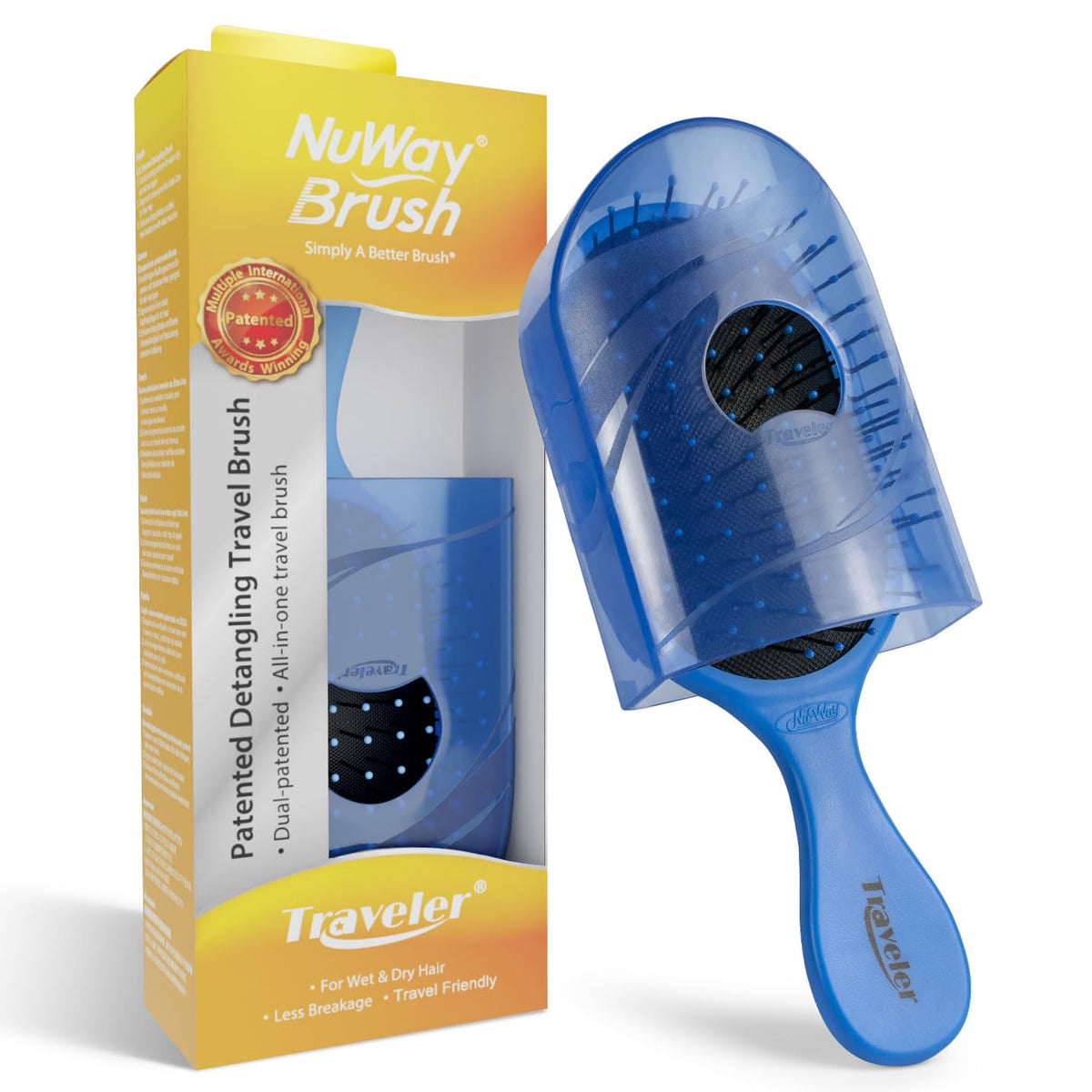 NuWay® Traveler® Patented Compact Hair Brush for Purse, Gym & Daily Carry - Gentle Detangling Brush for Wet or Dry Hair, Everyday Scalp Comfort (Dark Blue)