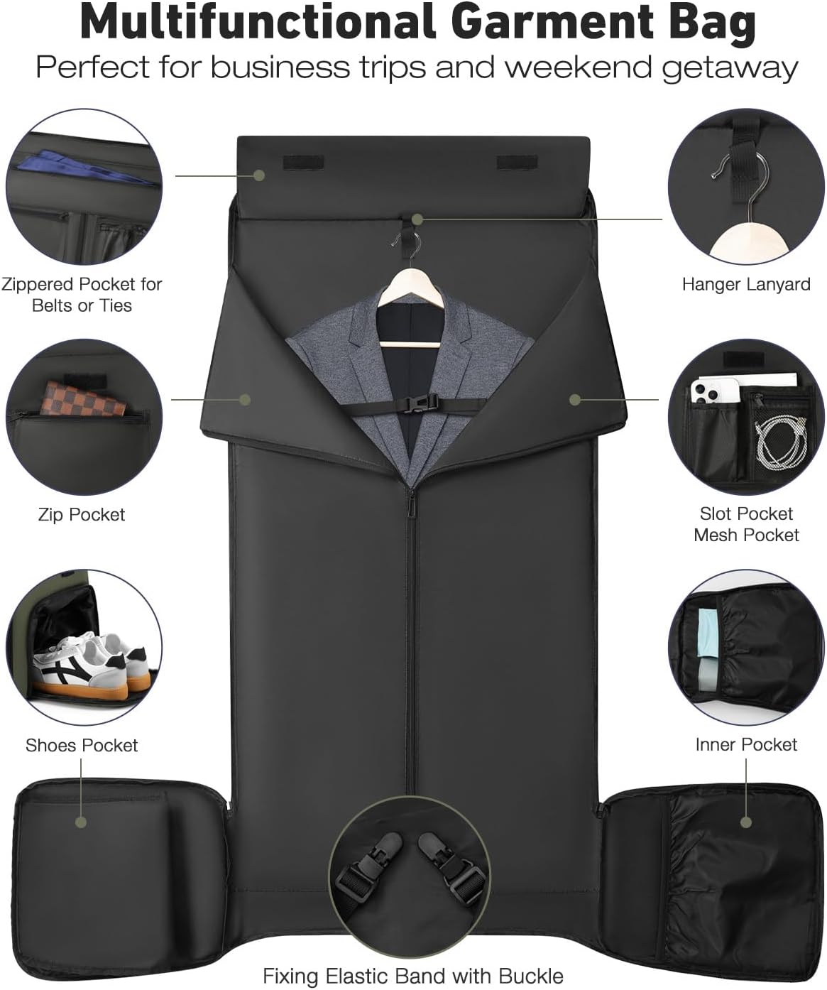 Convertible Garment Bags for Travel, 47L Garment Duffle bag for Hanging Clothes, 3 in 1 Suit Travel Bag for Business Trips with Shoulder Strap, Carry On Suit Luggage for Men,Green