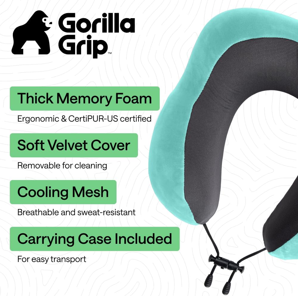 GORILLA GRIP Travel Neck Pillow for Airplanes, Travel Essentials, Turquoise