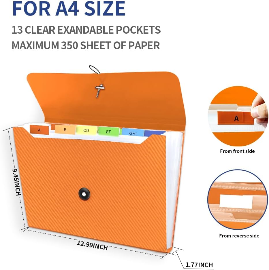 Expanding File Folder, 13 Pockets Accordian File Holder Organizer, A4 Letter Size Paper Document Receipt Organizer Accordion Filing Folder for Classroom, Home, Office and Travel, Orange