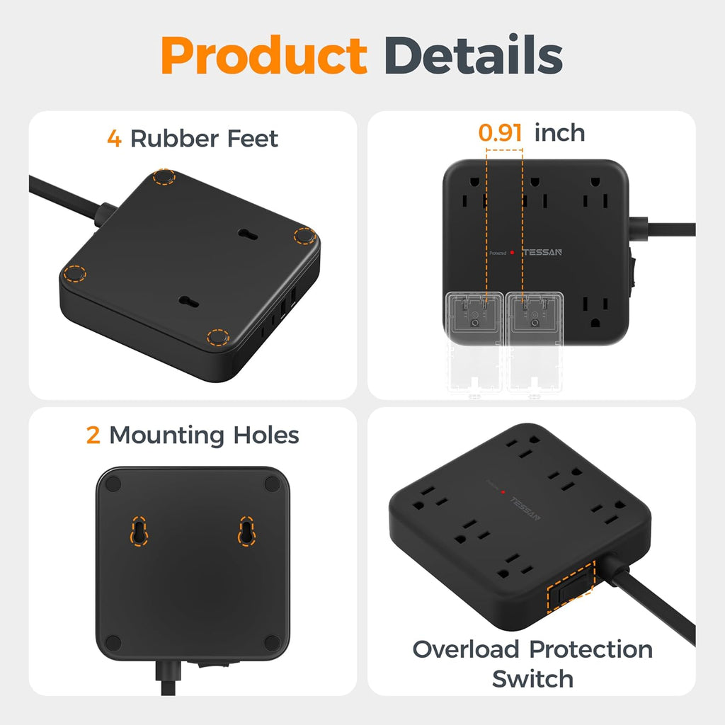 TESSAN Surge Protector Power Strip, 15Ft Flat Plug Extension Cord, Black