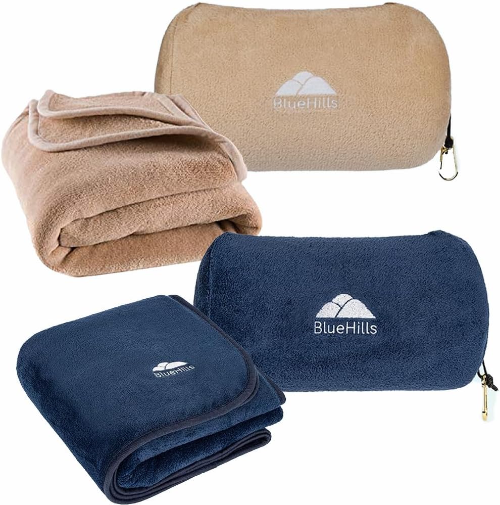 BlueHills Rolled Travel Blanket Pillows for Two Value Pack Set of 2 – Airplane Travel Essentials Soft Flight Trips Throws in Portable Cases for Car Plane Travel Gifts - Beige and Navy Blue