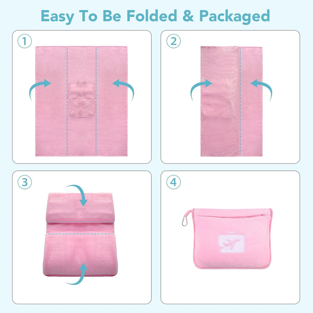 SINLAND Travel Pillow and Blanket 2-in-1 Set Airplane Pink 60x50 Inch