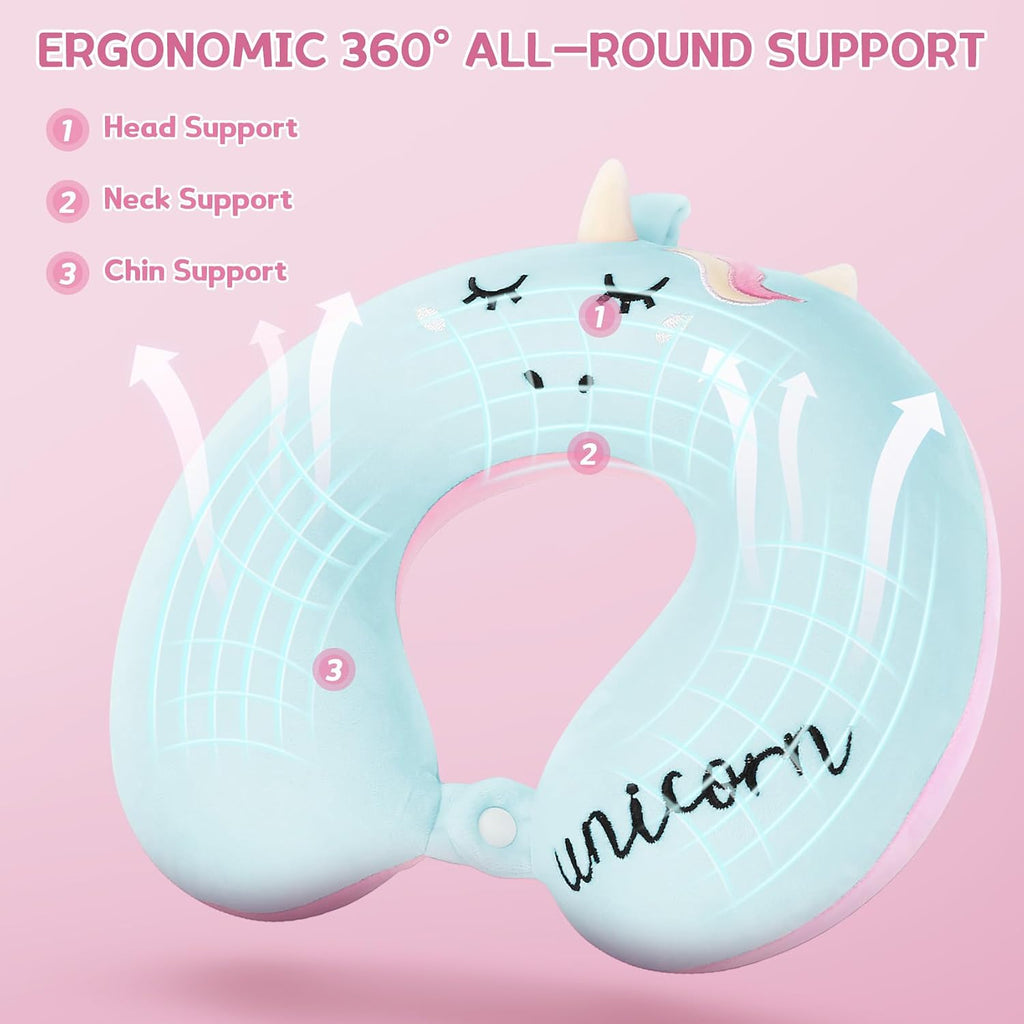 Toddler Neck Pillow, Kids Travel Neck Pillow for Traveling with Eye Mask, Toddler Cute Unicorn Airplane Travel Essentials, Memory Foam Car Flight Sleeping Headrest for Baby Boy Girl Child Gift (Blue)
