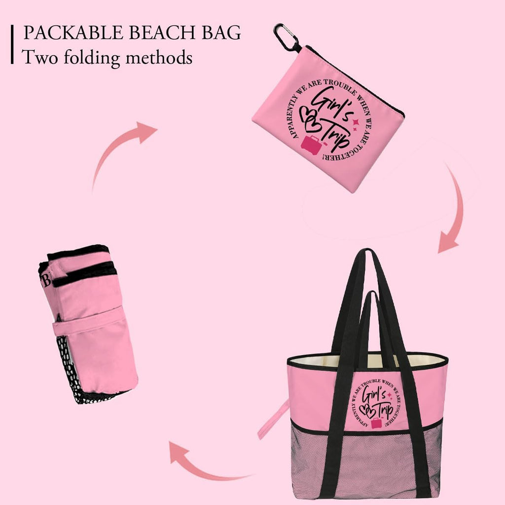 girls trip bags Foldable Waterproof Beach Tote for Women - 8 Zippered Pockets, Lightweight Travel Bag for Swim