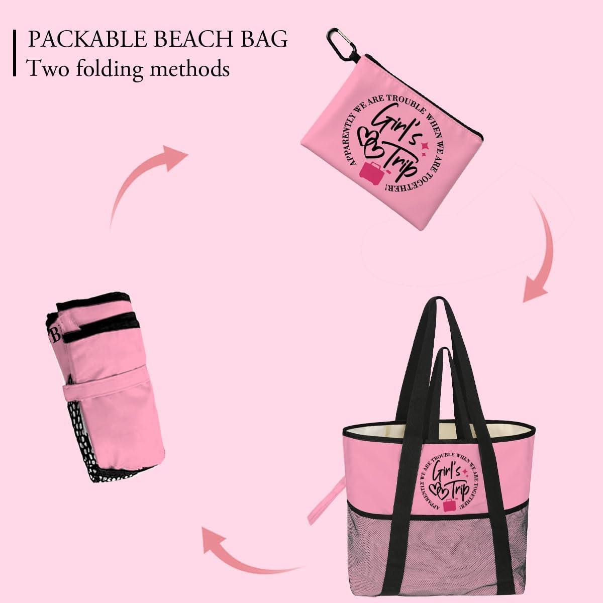 girls trip bags Foldable Waterproof Beach Tote for Women - 8 Zippered Pockets, Lightweight Travel Bag for Swim