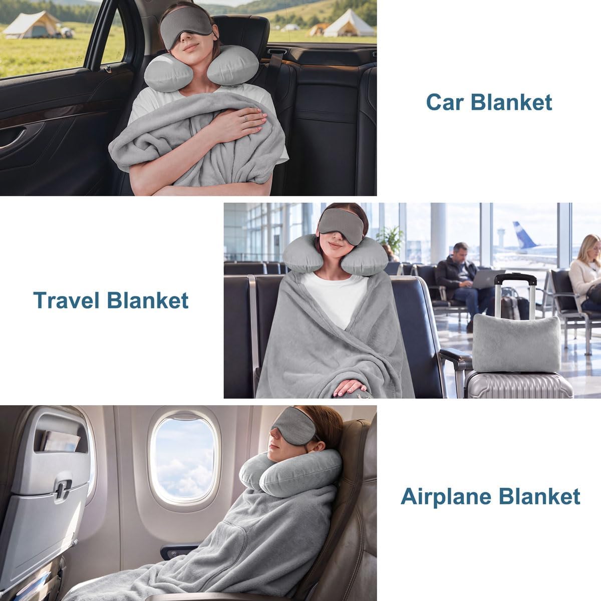 KAWAHOME Travel Blanket Airplane Compact Set with Neck Pillow, Eye Mask