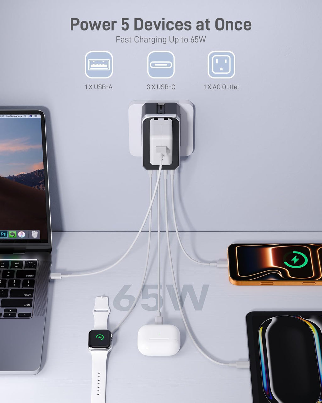 EPICKA Air 65W Universal Travel Adapter PD&QC with 1AC/3USB-C/1USB-A