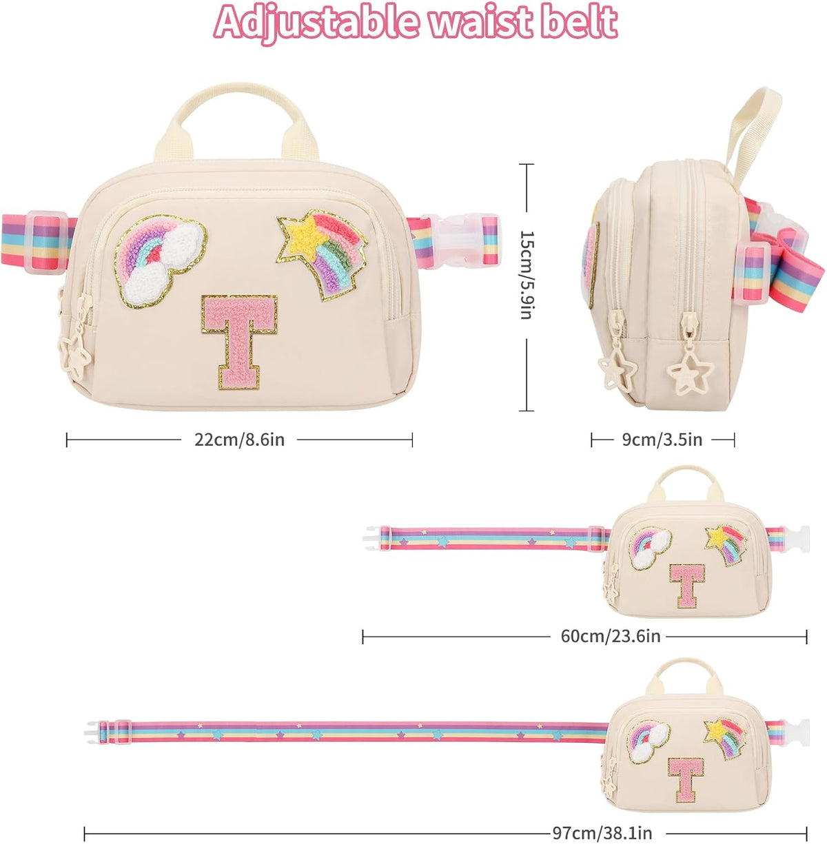 Fanny Pack for Girls, Cute Purse for Girls Teens Crossbody Bag for Kids Belt Bag With 2 Compartments Trendy Stuff Graduation Birthday Gifts for 4 5 6 7 8 9 10 11 12 13 Years Old Beige Initial T