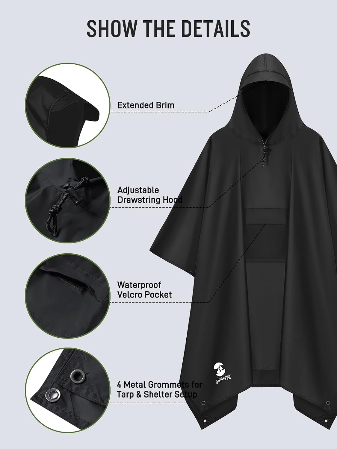 SaphiRose Double Layer Rain Poncho, Waterproof Thick Hooded Raincoat 3-in-1