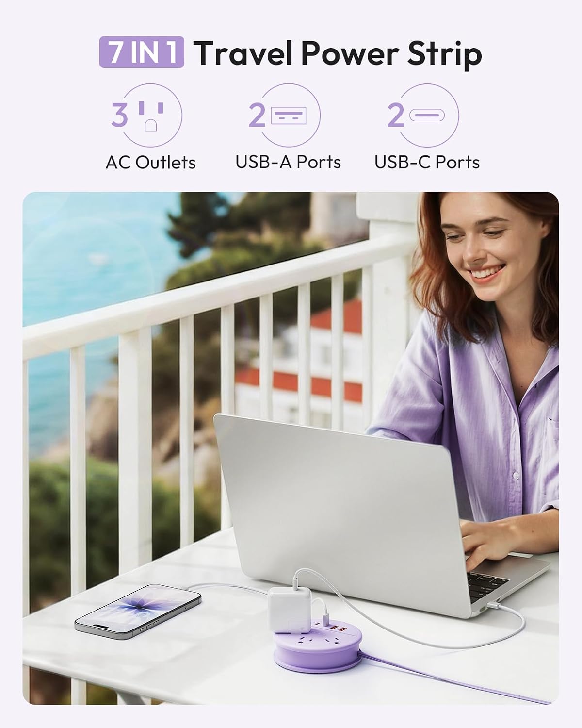 NTONPOWER Purple Travel Power Strip 20W, Travel Essentials, Cruise Essentials 2026 3 Outlets 4 USB Ports(2 USB C), 4FT Wrapped Around Extension Cord for Travel Cruise Ship Beach Vacation Essentials