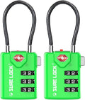 SURE LOCK TSA Approved Luggage Locks with Open Alert Indicator, 3 Digit Combination Cable Travel Lock for Suitcase, Backpack, Gym Locker, Toolbox & Travel Bag（Green 2 Pack
