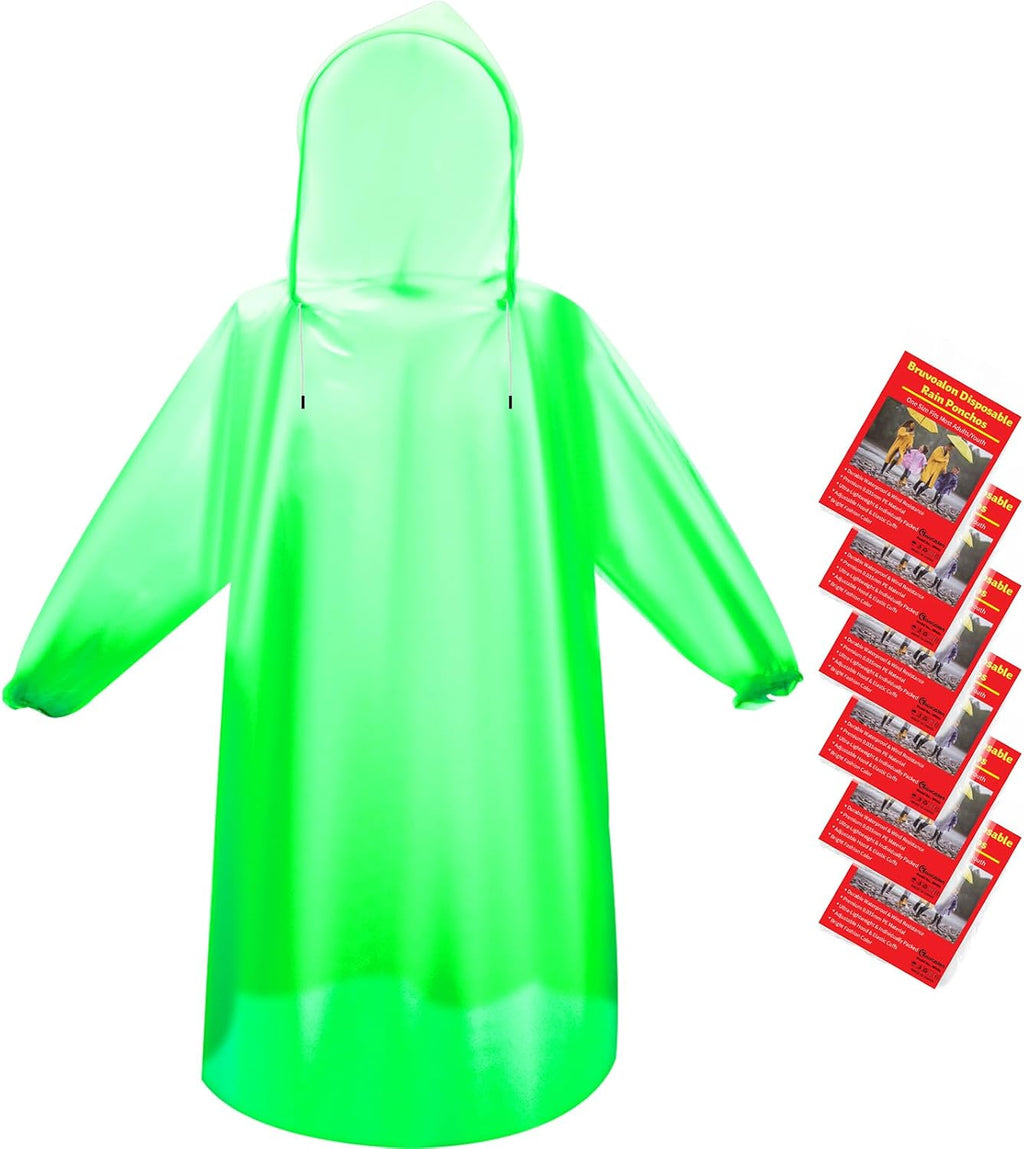 Bruvoalon 6, 20 & 50 Pack Disposable Rain Ponchos for Adults, Waterproof PE with Drawstring Hood and Elastic Cuffs