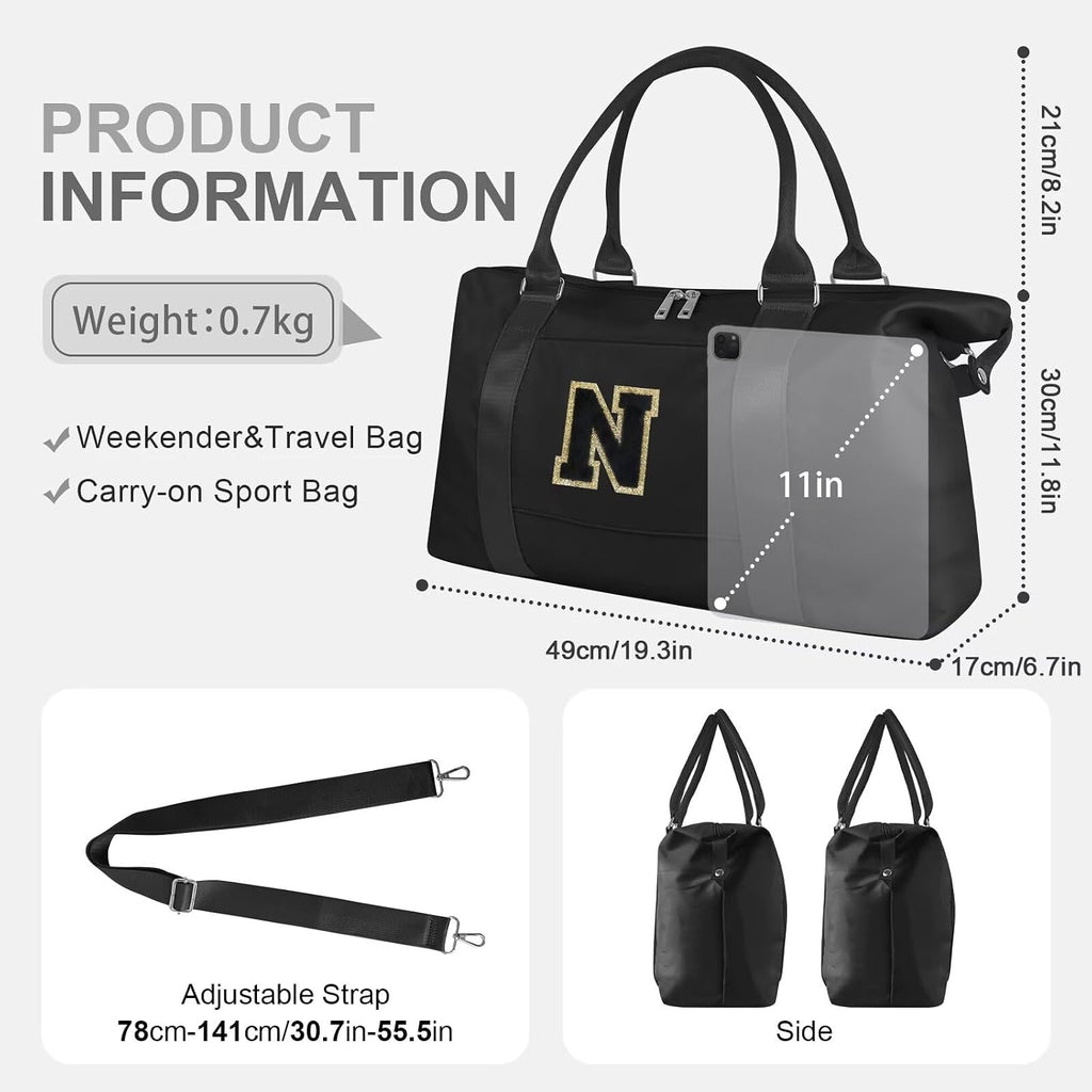 Dance Gym Duffel Bag for Teen Girls,Personalized Initial Travel Weekender Bag,Overnight Carry On Duffle for Women,Sports Travel Cheer Bag,Monogram Graduation Birthday Gifts for Tween Preppy(black-N)
