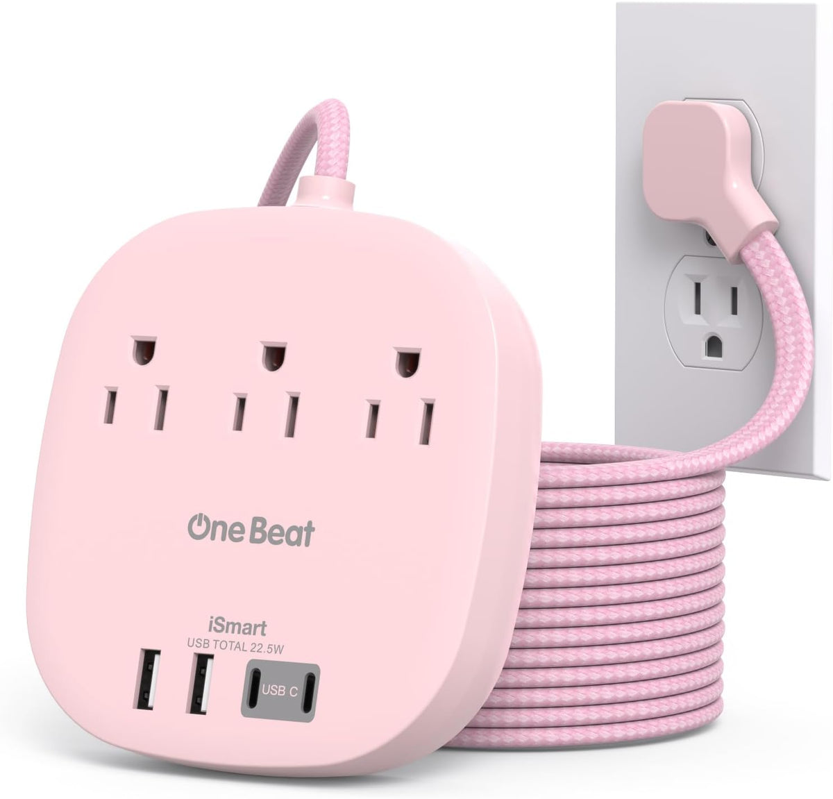 Cruise Ship Travel Essentials, 22.5W/4.5A Flat Plug Power Strip, Pink
