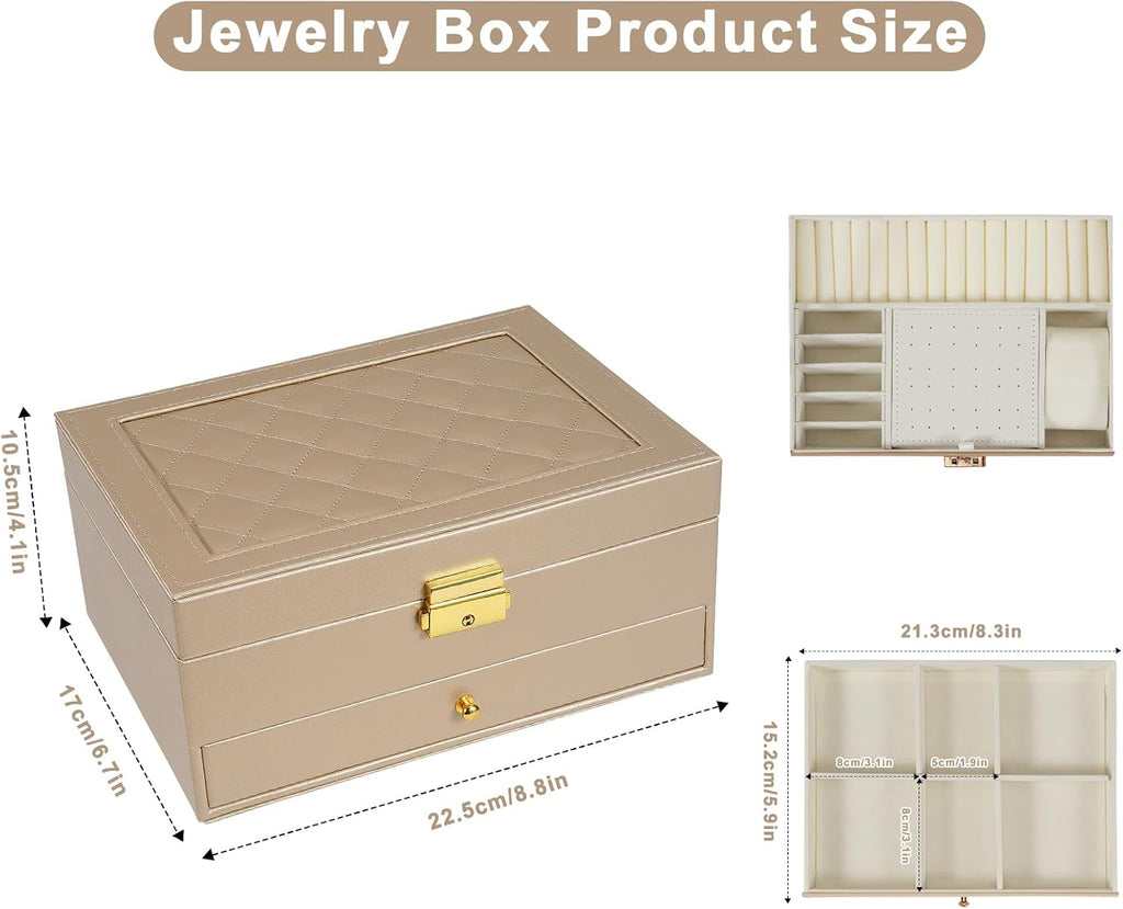 GUOER Jewelry Box for Women Girls, Two Layers Jewelry Organizer (Champagne)