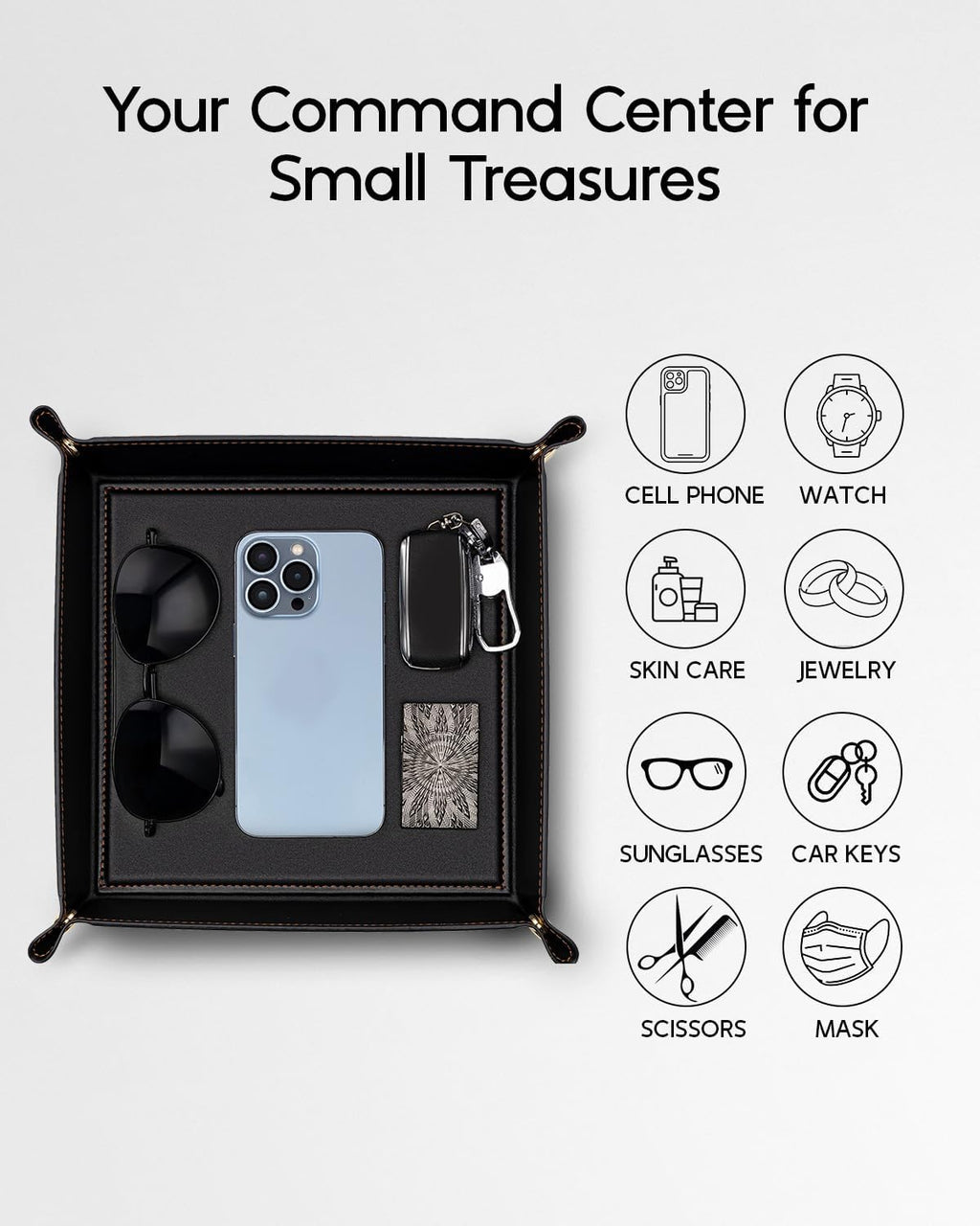 VLANDO Valet Tray, Foldable PU Leather Catchall Tray, Black
